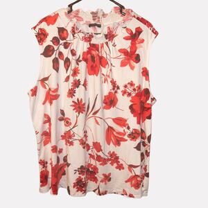 First Love Plus Floral Smocked Mock Neck Blouse White Red Flowers Sleeveless XL